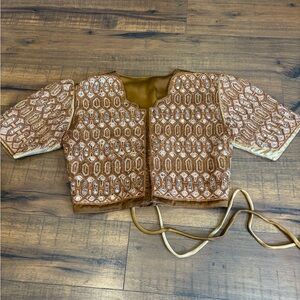 Handmade heavy beaded satin top short sleeve brown silver cropped women’s small